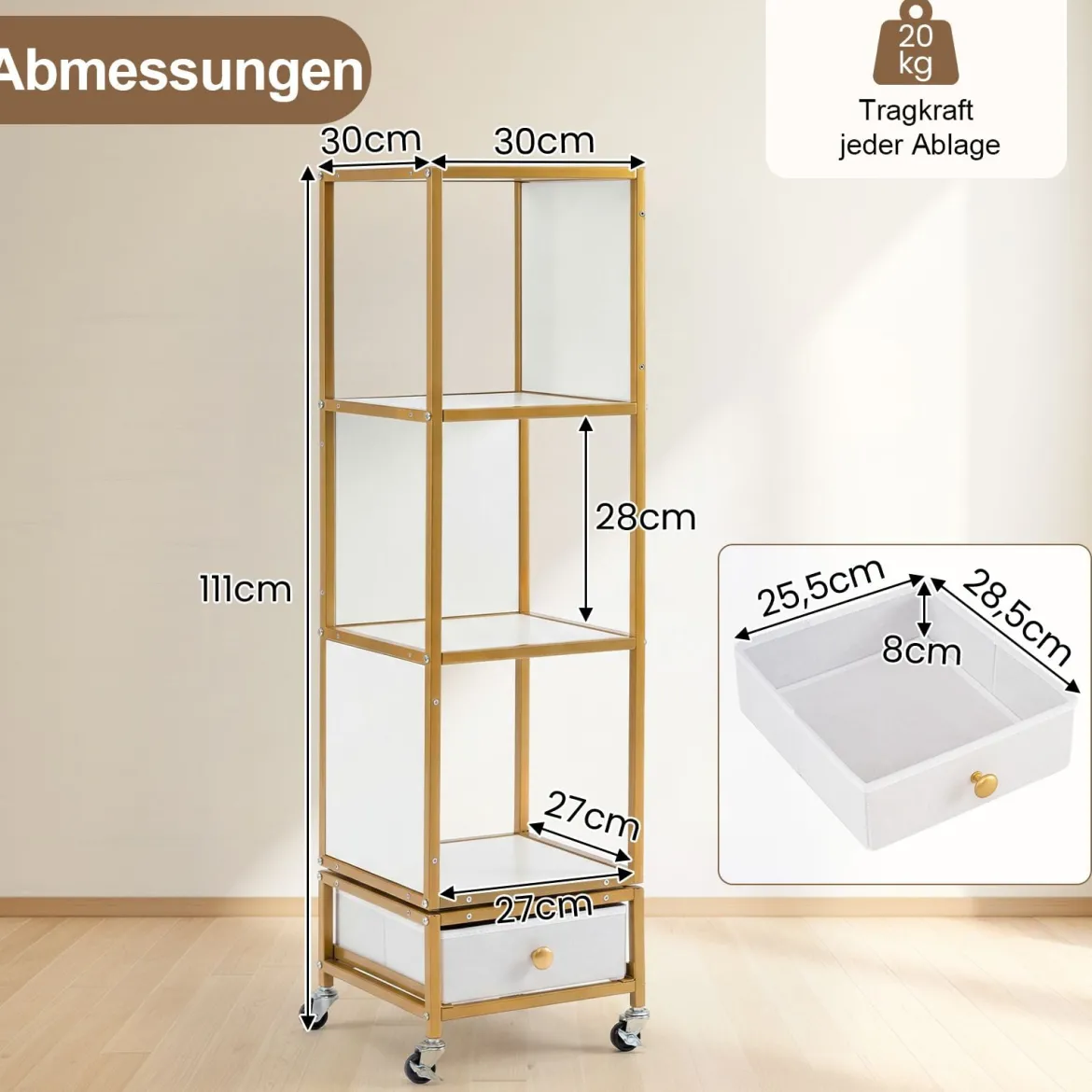 4 Stöckiges Standregal auf Rollen Bücherregal mit Holzplatte & Stoff-Schublade Bücherwagen Weiß