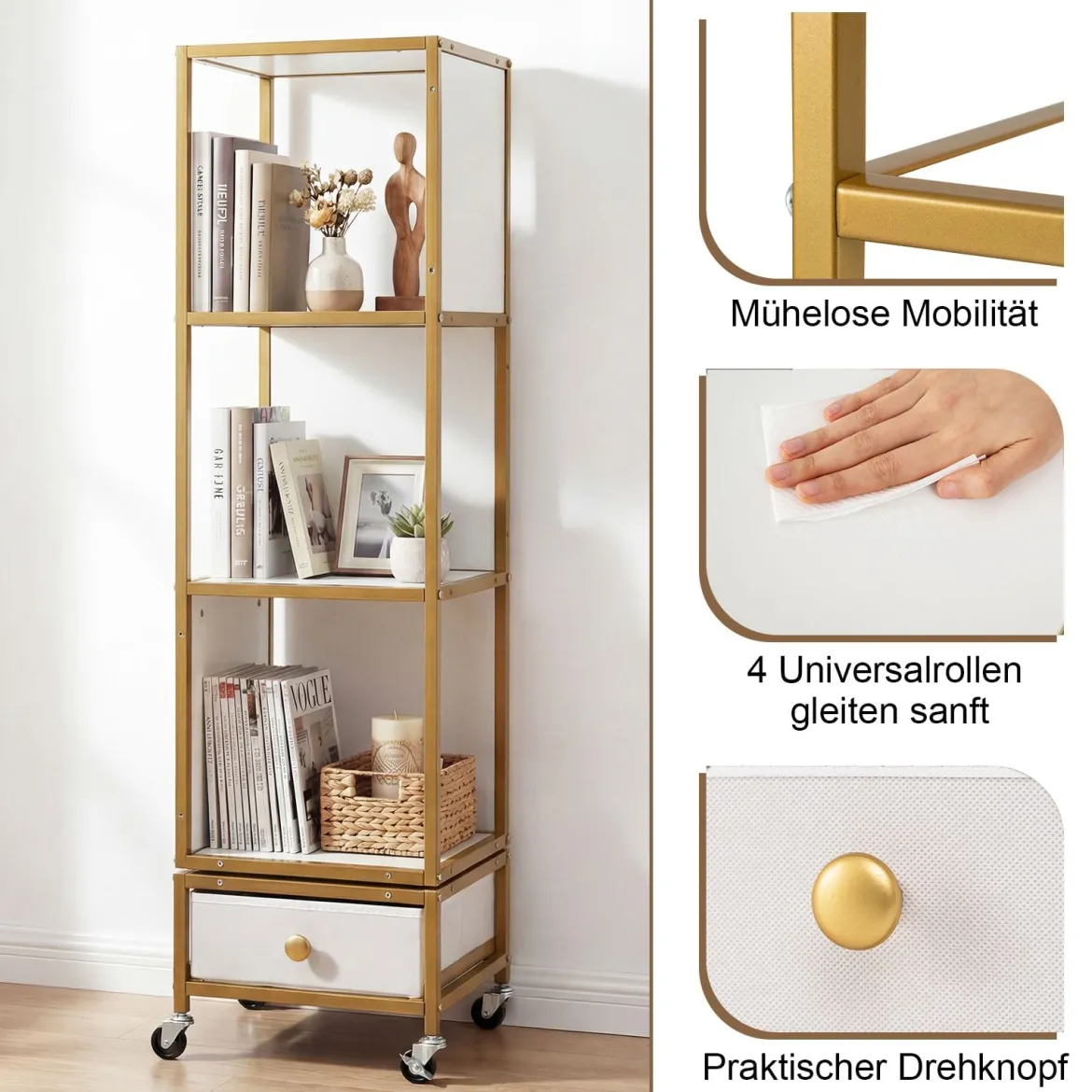4 Stöckiges Standregal auf Rollen Bücherregal mit Holzplatte & Stoff-Schublade Bücherwagen Weiß