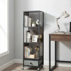 4 stöckiges Standregal auf Rollen Bücherregal mit Holzplatte & Stoff-Schublade Bücherwagen Grau