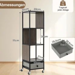 4 stöckiges Standregal auf Rollen Bücherregal mit Holzplatte & Stoff-Schublade Bücherwagen Grau