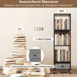 4 stöckiges Standregal auf Rollen Bücherregal mit Holzplatte & Stoff-Schublade Bücherwagen Grau
