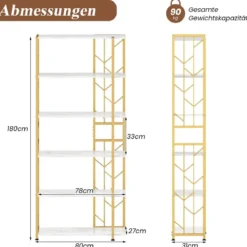 6 Stöckiges Standregal mit Metallrahmen Geometrisches Bücherregal Displayregal 80 x 31 x 180 cm
