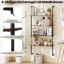 4-stöckiges Wandregal Industriell schwebendes Aufbewahrungs-Display mit Metallrahmen Braun