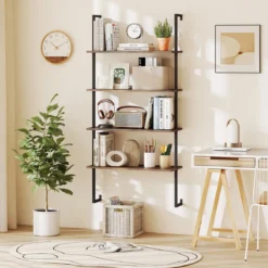 4-stöckiges Wandregal Industriell schwebendes Aufbewahrungs-Display mit Metallrahmen Braun
