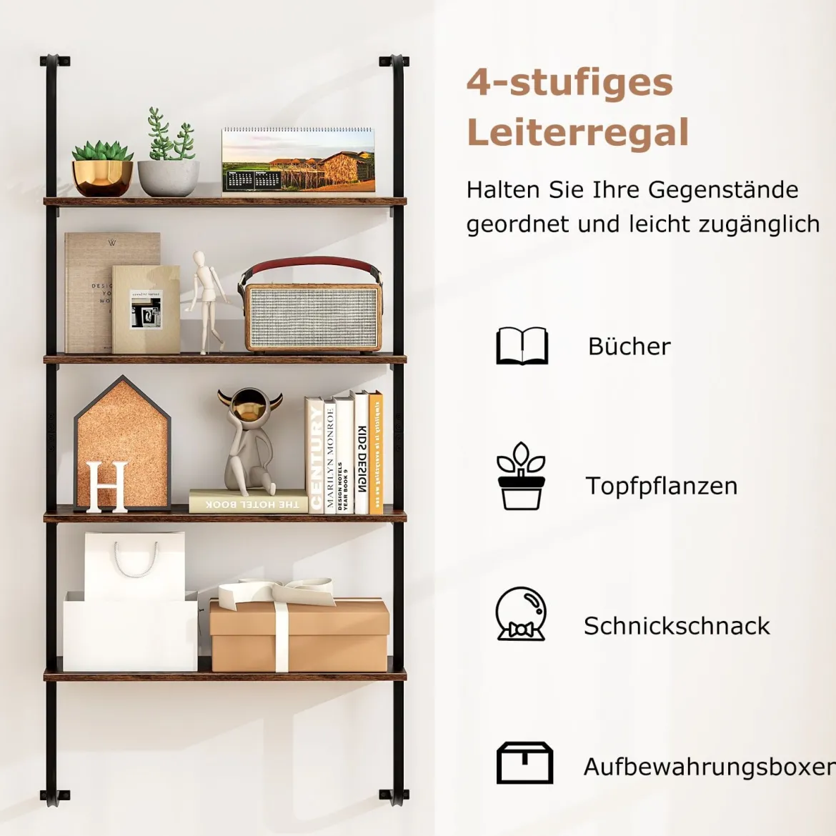 4-stöckiges Wandregal schwebendes Leiterregal Wandmotage Schweberegal Holz mit Metallrahmen 70 x 20,5 x 150 cm