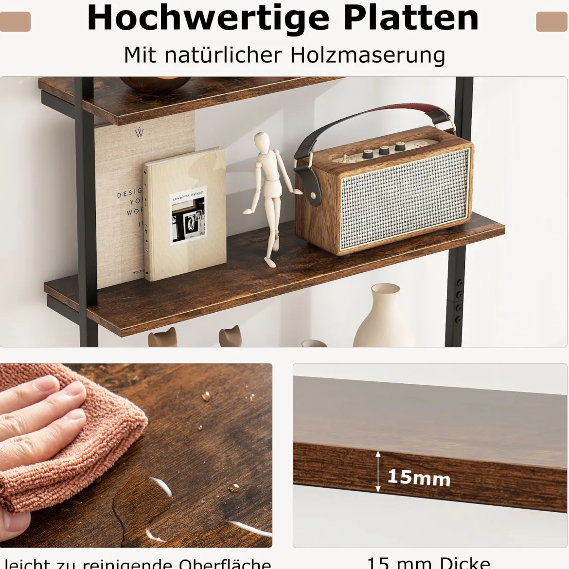 4-stöckiges Wandregal schwebendes Leiterregal Wandmotage Schweberegal Holz mit Metallrahmen 70 x 20,5 x 150 cm