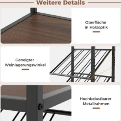 7-stöckiges Weinregal Flaschenregal mit Kippschutz Weinständer mit 2 Reihen Glashaltern & offenen Regalen Schwarz