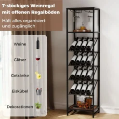 7-stöckiges Weinregal Flaschenregal mit Kippschutz Weinständer mit 2 Reihen Glashaltern & offenen Regalen Schwarz