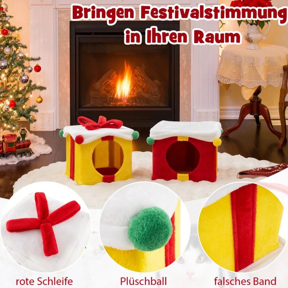 2-stöckige Weihnachten Katzenhöhle mit Schleife & Ball Stapelbare Geschenkboxen Katzenhaus
