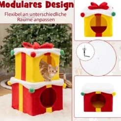 2-stöckige Weihnachten Katzenhöhle mit Schleife & Ball Stapelbare Geschenkboxen Katzenhaus