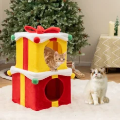 2-stöckige Weihnachten Katzenhöhle mit Schleife & Ball Stapelbare Geschenkboxen Katzenhaus