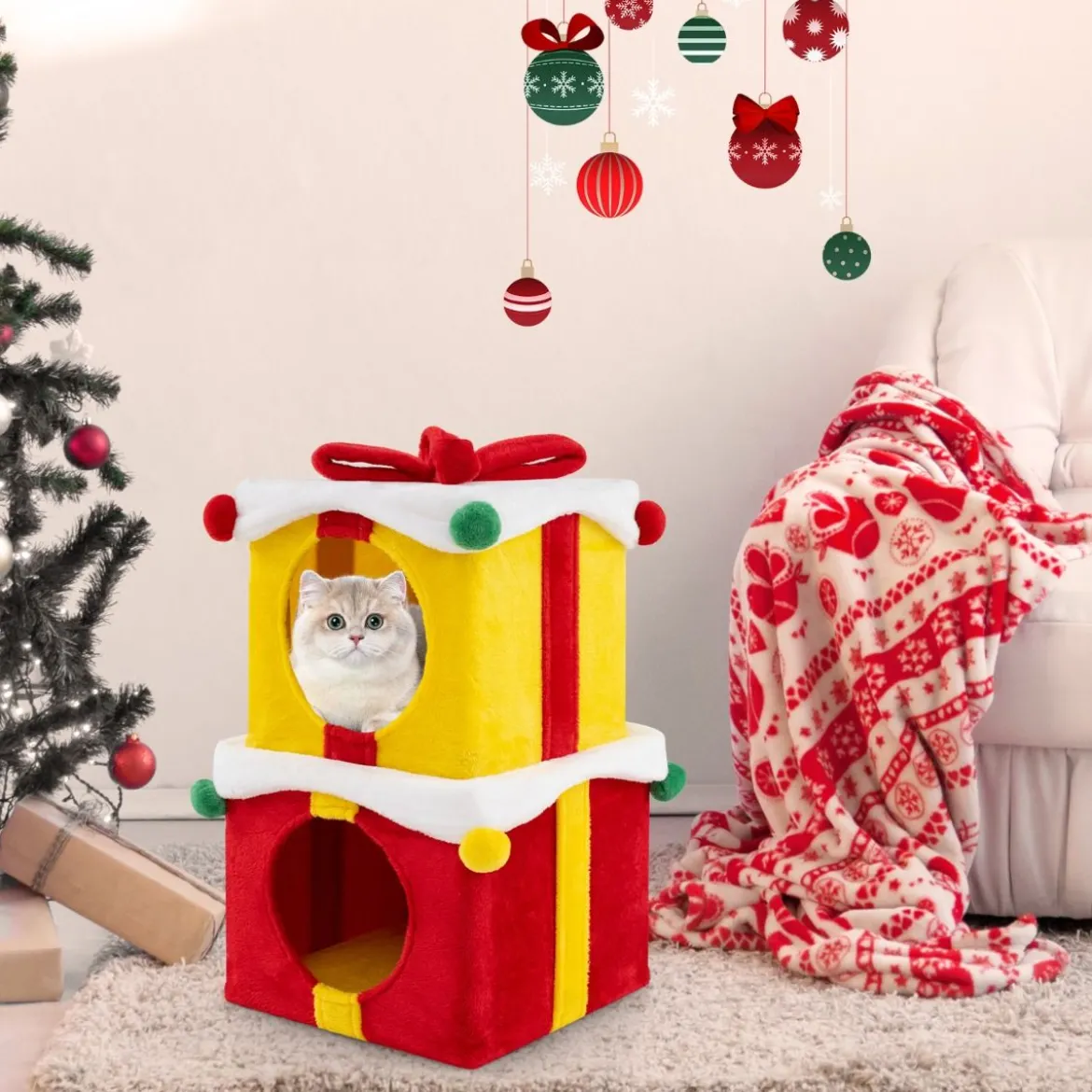 2-stöckige Weihnachten Katzenhöhle mit Schleife & Ball Stapelbare Geschenkboxen Katzenhaus