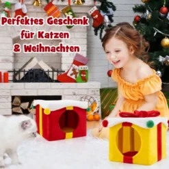 2-stöckige Weihnachten Katzenhöhle mit Schleife & Ball Stapelbare Geschenkboxen Katzenhaus