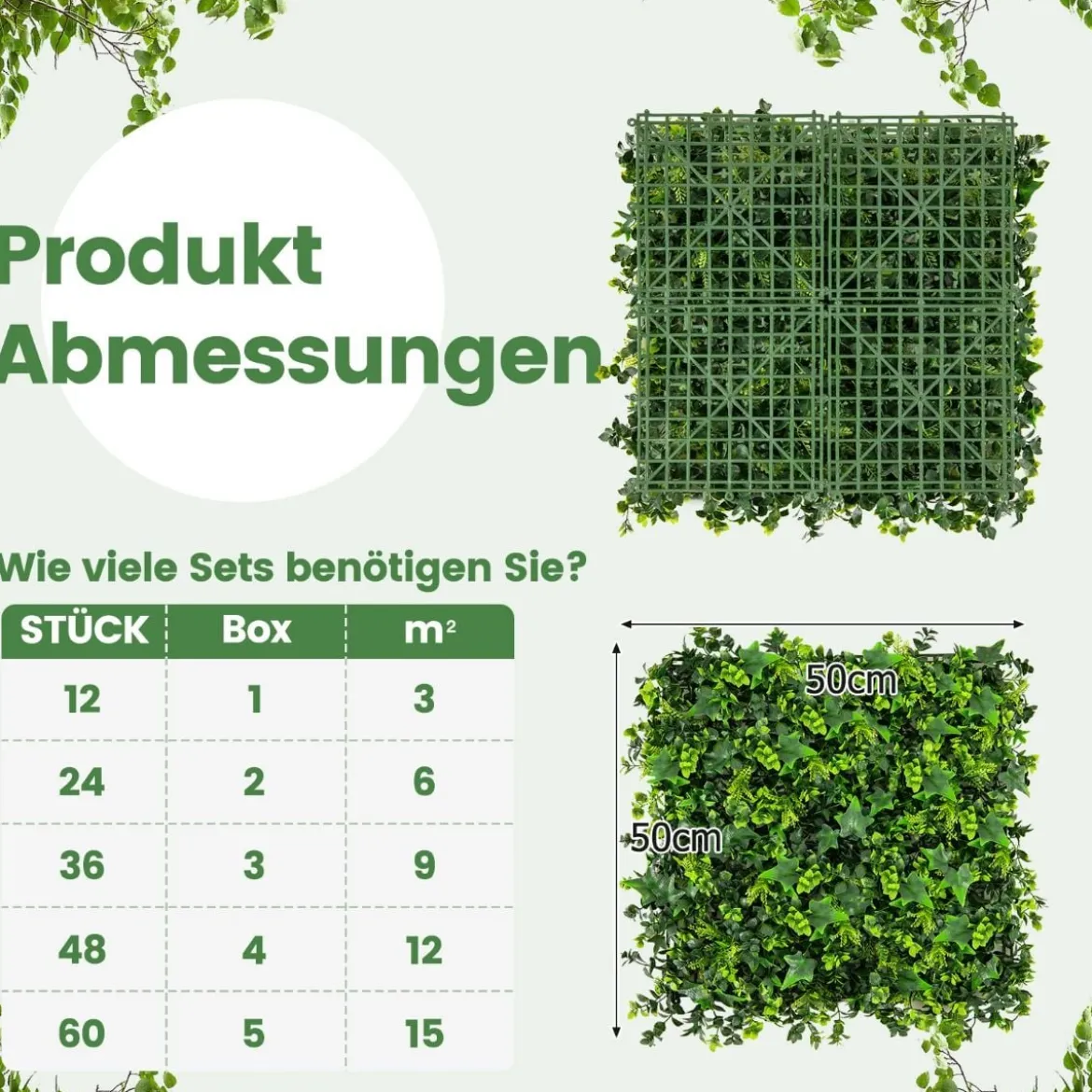 12 Stück Künstliche Hecke Pflanzenwand 50,5 x 50,5 cm UV-geschützt Gemischte Blätter