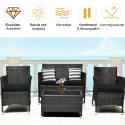 4 Stück Outdoor Terrassenmöbel Set aus PE Rattan mit gehärtetem Glastisch & Kissen Schwarz