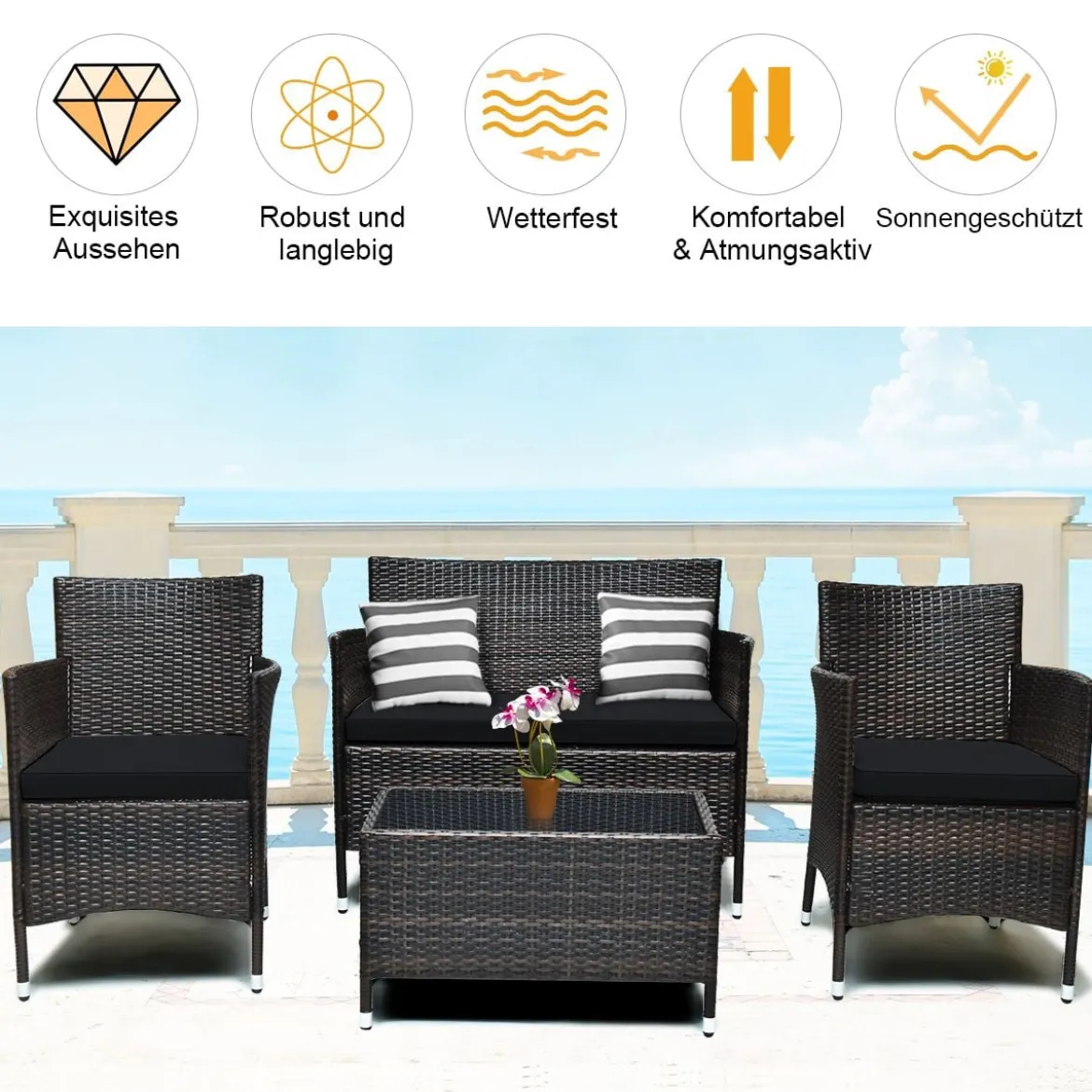 4 Stück Outdoor Terrassenmöbel Set aus PE Rattan mit gehärtetem Glastisch & Kissen Schwarz