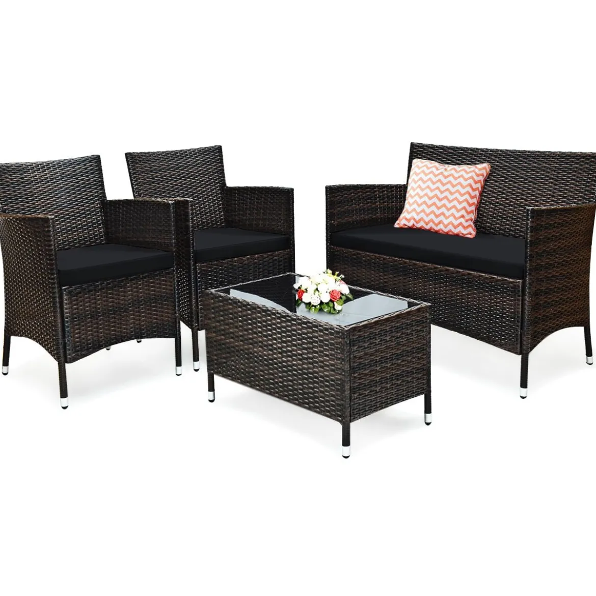 4 Stück Outdoor Terrassenmöbel Set aus PE Rattan mit gehärtetem Glastisch & Kissen Schwarz