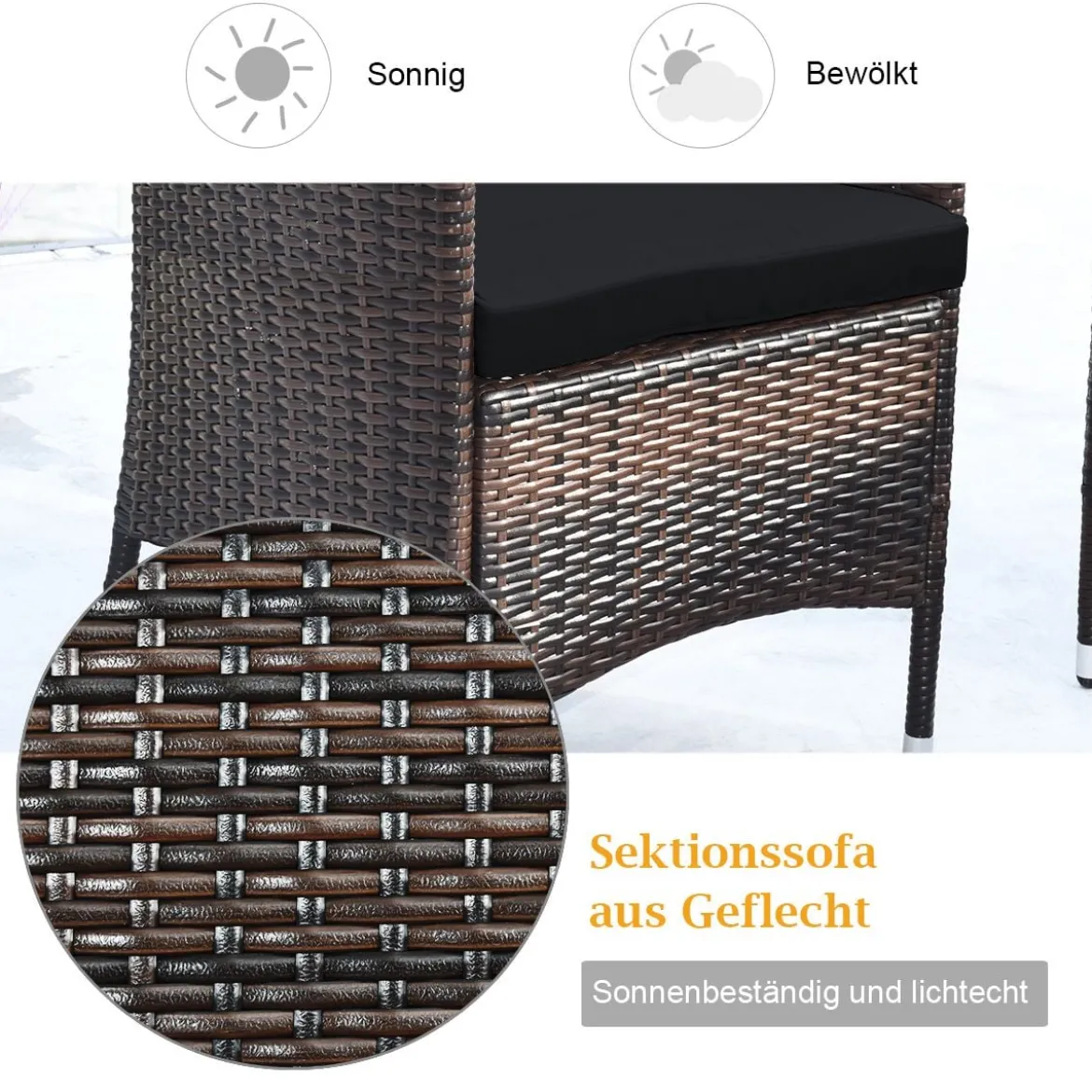 4 Stück Outdoor Terrassenmöbel Set aus PE Rattan mit gehärtetem Glastisch & Kissen Schwarz