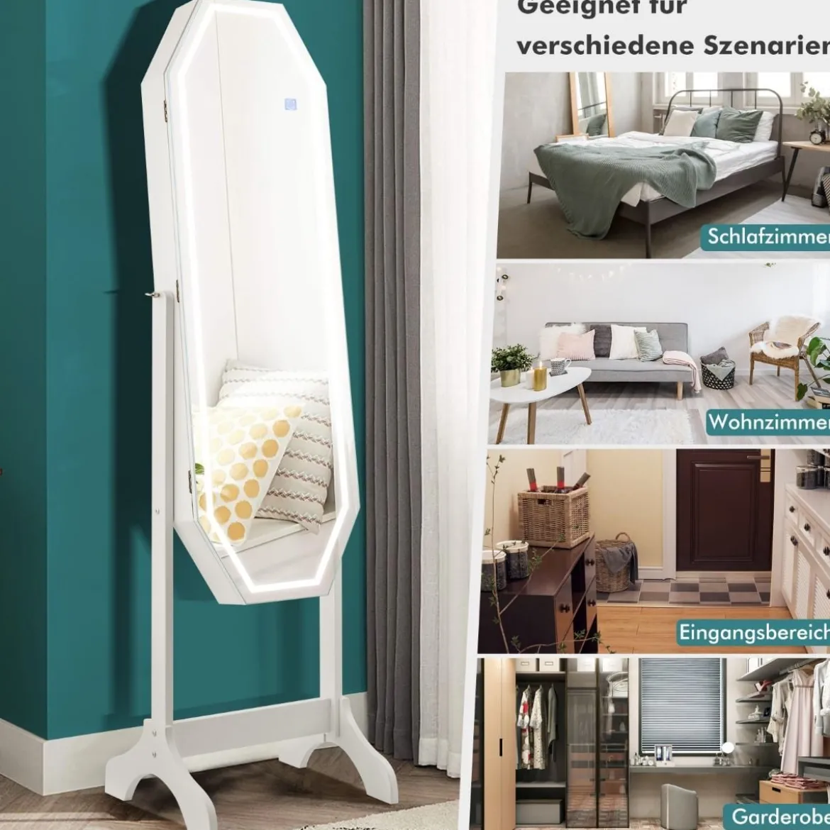 Stehender Schmuckschrank mit LED-Spiegel in Voller Länge 44 x 40 x 161 cm Weiß