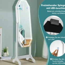Stehender Schmuckschrank mit LED-Spiegel in Voller Länge 44 x 40 x 161 cm Weiß