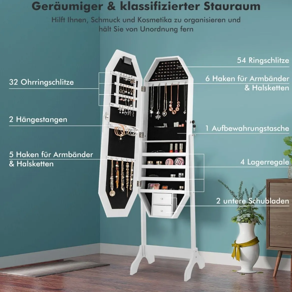 Stehender Schmuckschrank mit LED-Spiegel in Voller Länge 44 x 40 x 161 cm Weiß