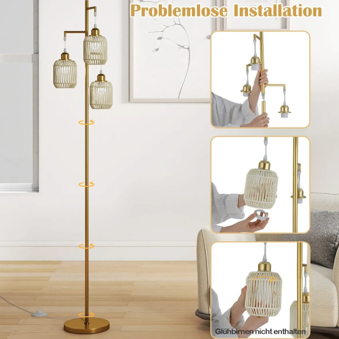 Stehlampe 173 cm Leselampe mit 3 E27 Fassungen & Fußschalter Stehleuchte Modern Schwarz/Gold