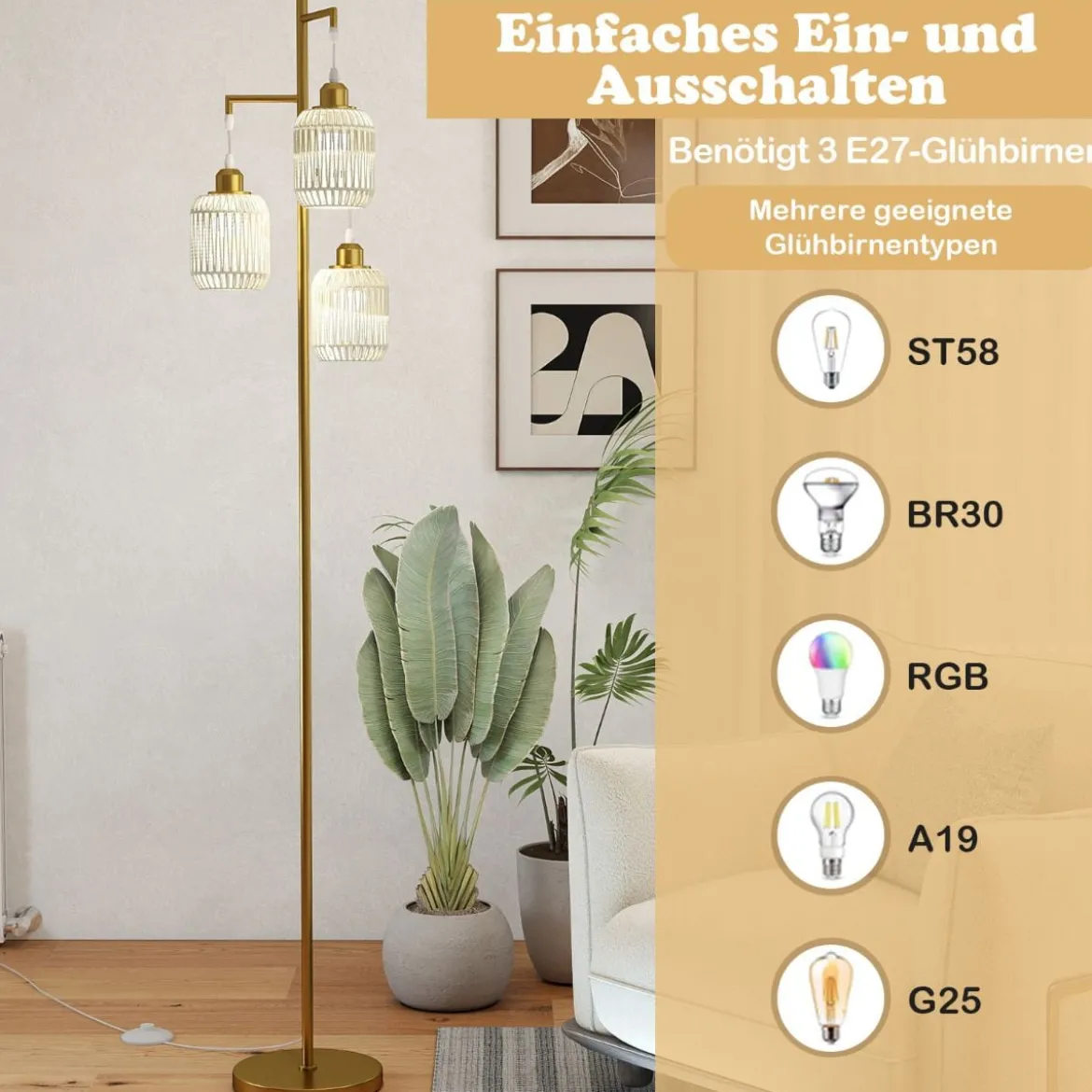 Stehlampe 173 cm Leselampe mit 3 E27 Fassungen & Fußschalter Stehleuchte Modern Schwarz/Gold