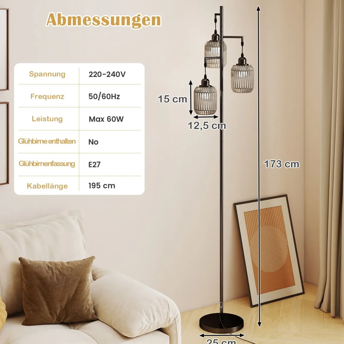 Stehlampe 173 cm Leselampe mit 3 E27 Fassungen & Fußschalter Stehleuchte Modern Schwarz/Gold