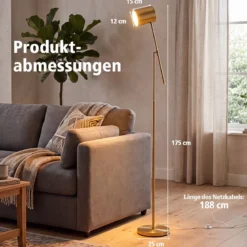Stehlampe 175 cm Leselampe mit Verstellbarem Kopf & Arm Wohnzimmerlampe mit E27 Fassung Golden