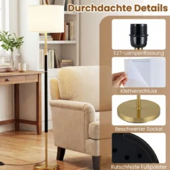 Stehlampe 165 cm Stehleuchte mit Leinen-Lampenschirm E27 Fassung & Fußschalter