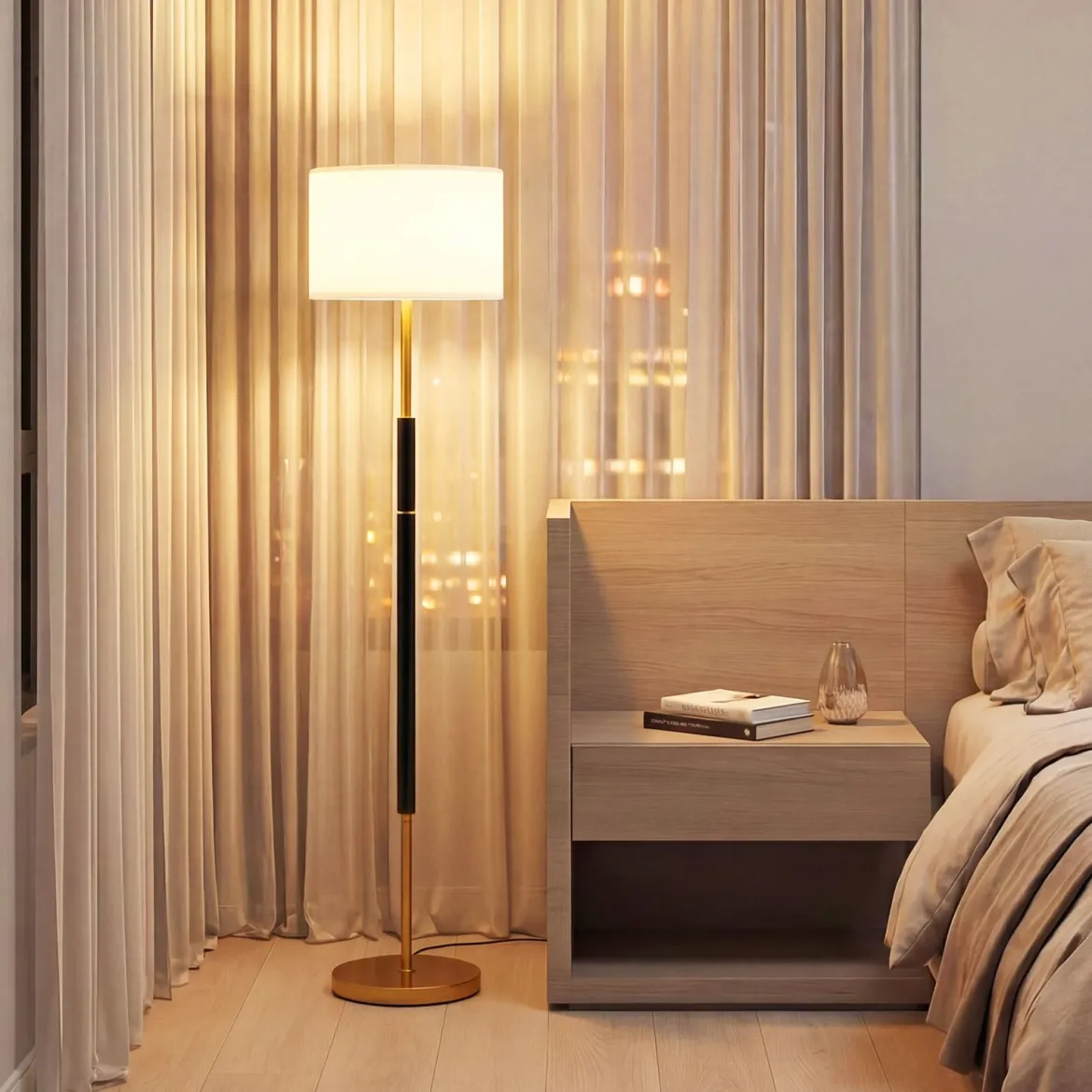 Stehlampe 165 cm Stehleuchte mit Leinen-Lampenschirm E27 Fassung & Fußschalter