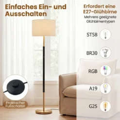 Stehlampe 165 cm Stehleuchte mit Leinen-Lampenschirm E27 Fassung & Fußschalter