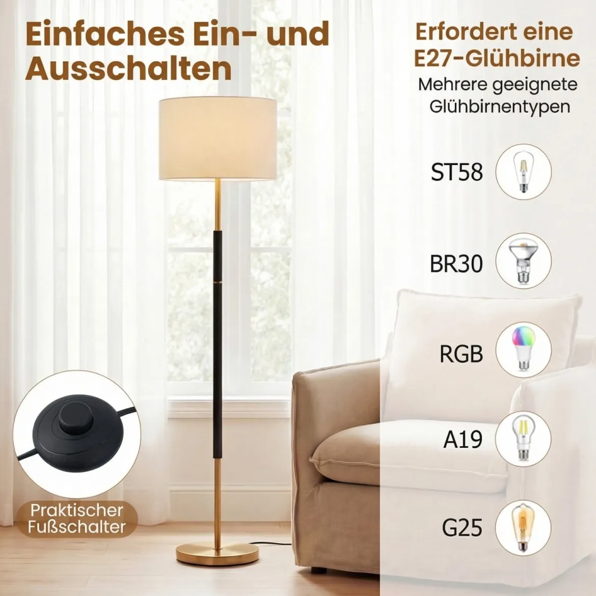Stehlampe 165 cm Stehleuchte mit Leinen-Lampenschirm E27 Fassung & Fußschalter
