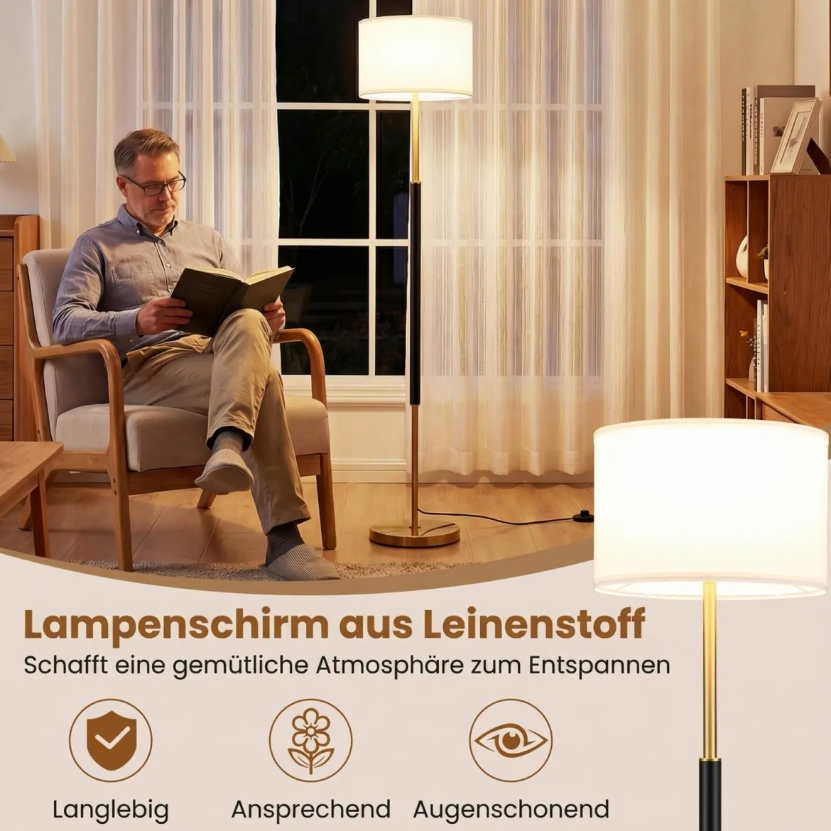 Stehlampe 165 cm Stehleuchte mit Leinen-Lampenschirm E27 Fassung & Fußschalter