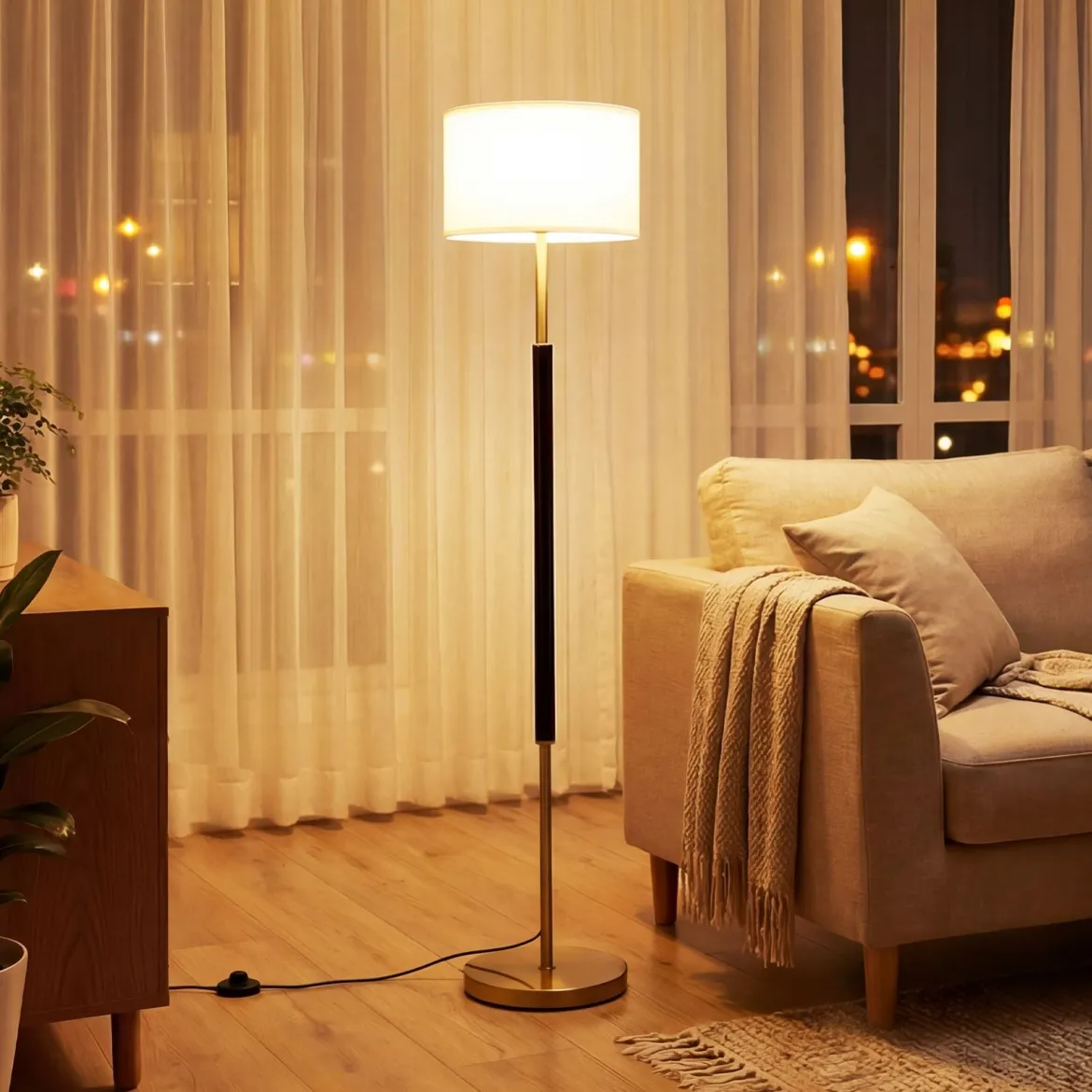 Stehlampe 165 cm Stehleuchte mit Leinen-Lampenschirm E27 Fassung & Fußschalter