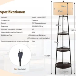 Stehlampe mit Holzregale Belastbar bis 15kg Stehleuchte mit Leinen Lampenschirm