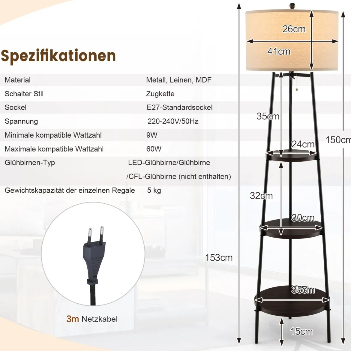 Stehlampe mit Holzregale Belastbar bis 15kg Stehleuchte mit Leinen Lampenschirm