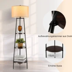 Stehlampe mit Holzregale Belastbar bis 15kg Stehleuchte mit Leinen Lampenschirm