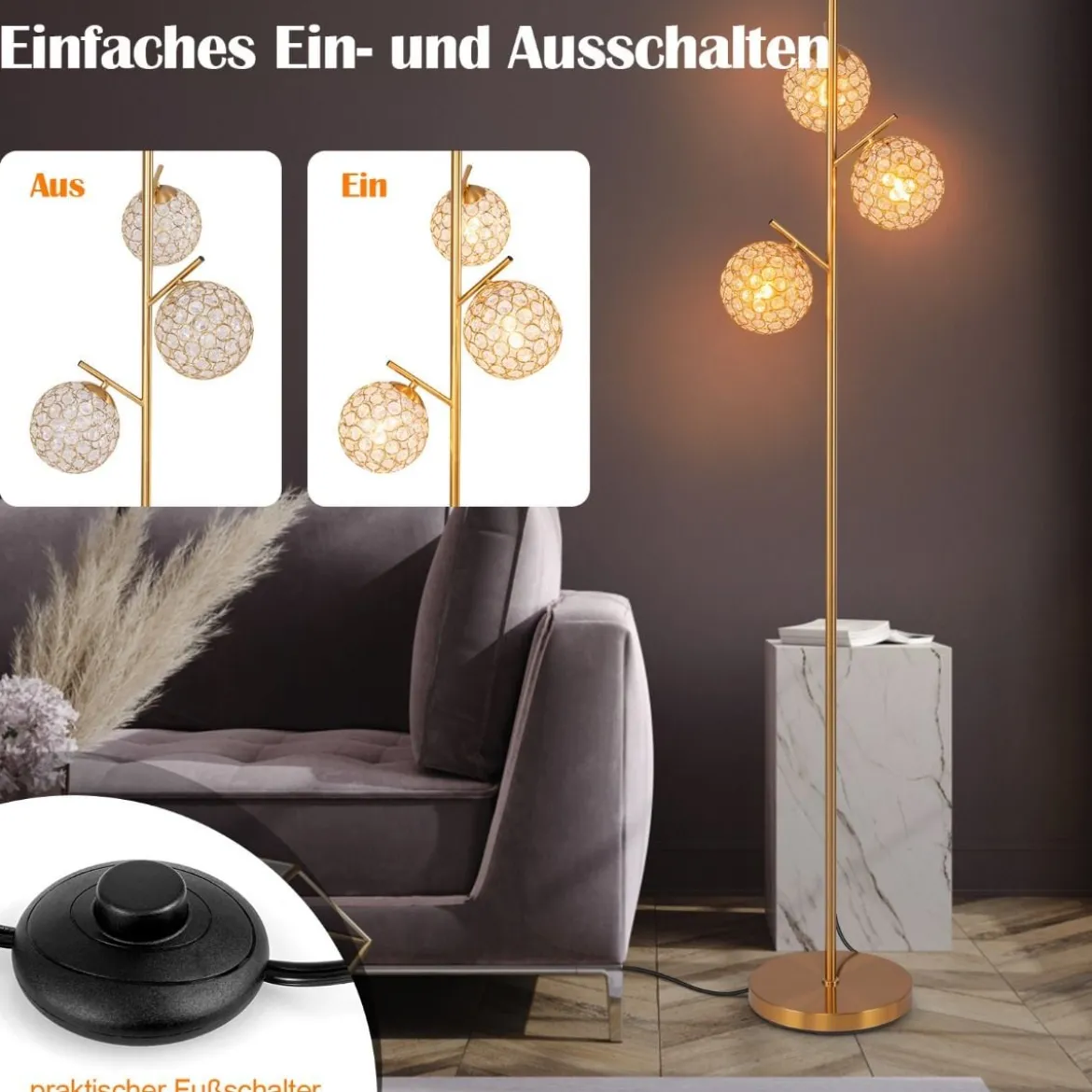 Stehlampe mit 3 Lampenschirmen und Fußschalter freistehende Standlampe 169cm Baumlampe