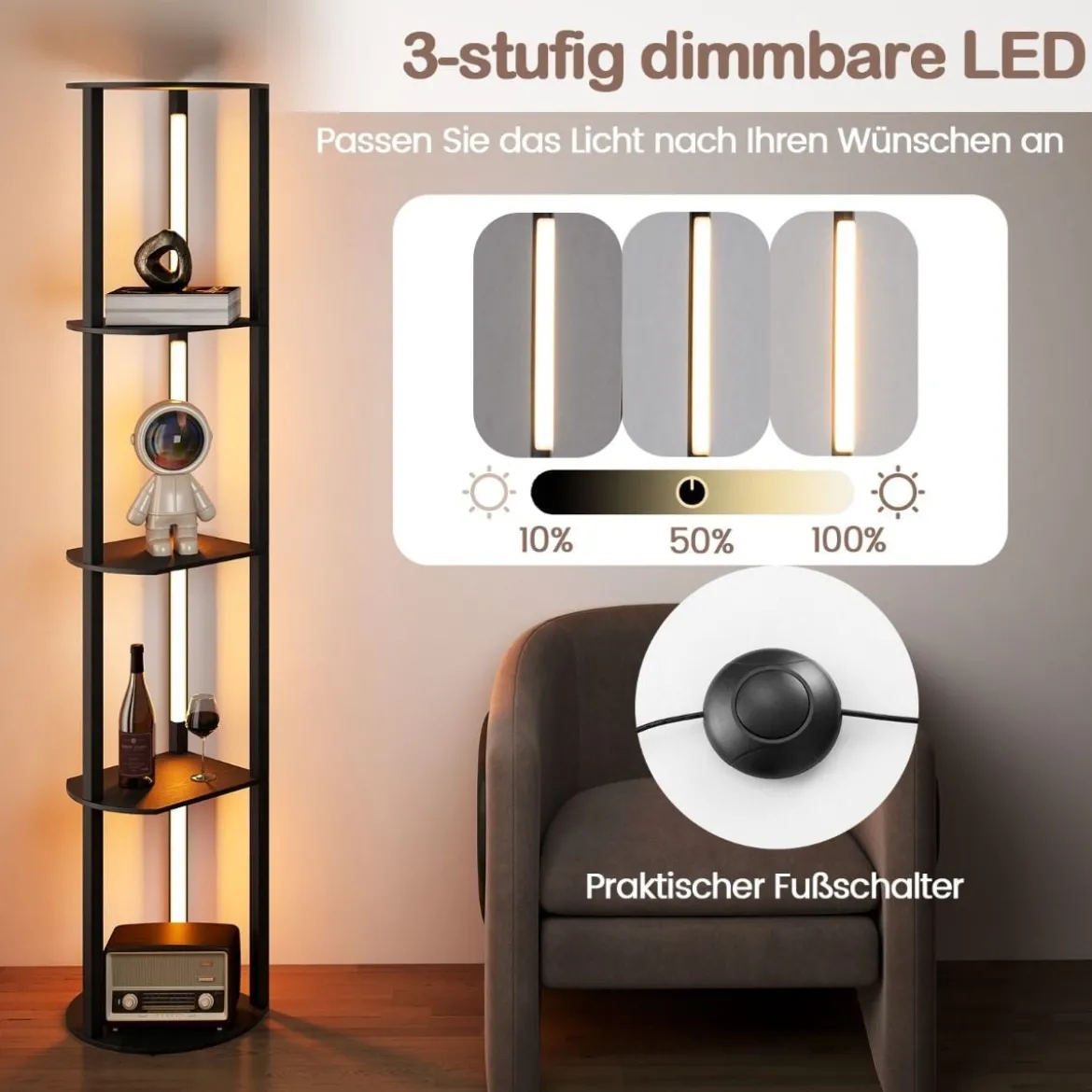 Stehlampe mit Regalen & 4 Drehbaren LED-Streifen & Fußschalter Stehleuchte Ablageregal