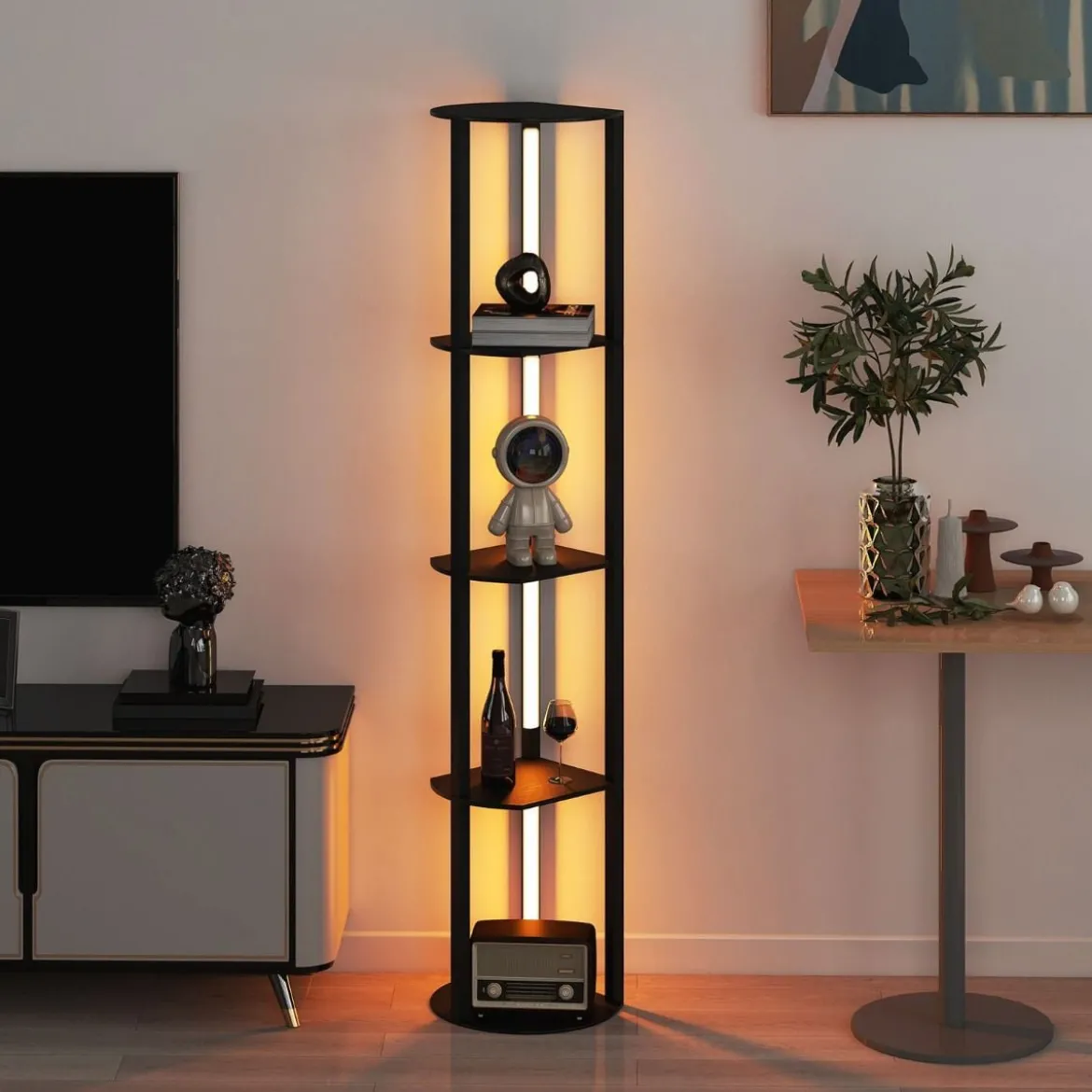 Stehlampe mit Regalen & 4 Drehbaren LED-Streifen & Fußschalter Stehleuchte Ablageregal