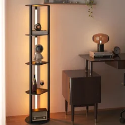 Stehlampe mit Regalen & 4 Drehbaren LED-Streifen & Fußschalter Stehleuchte Ablageregal