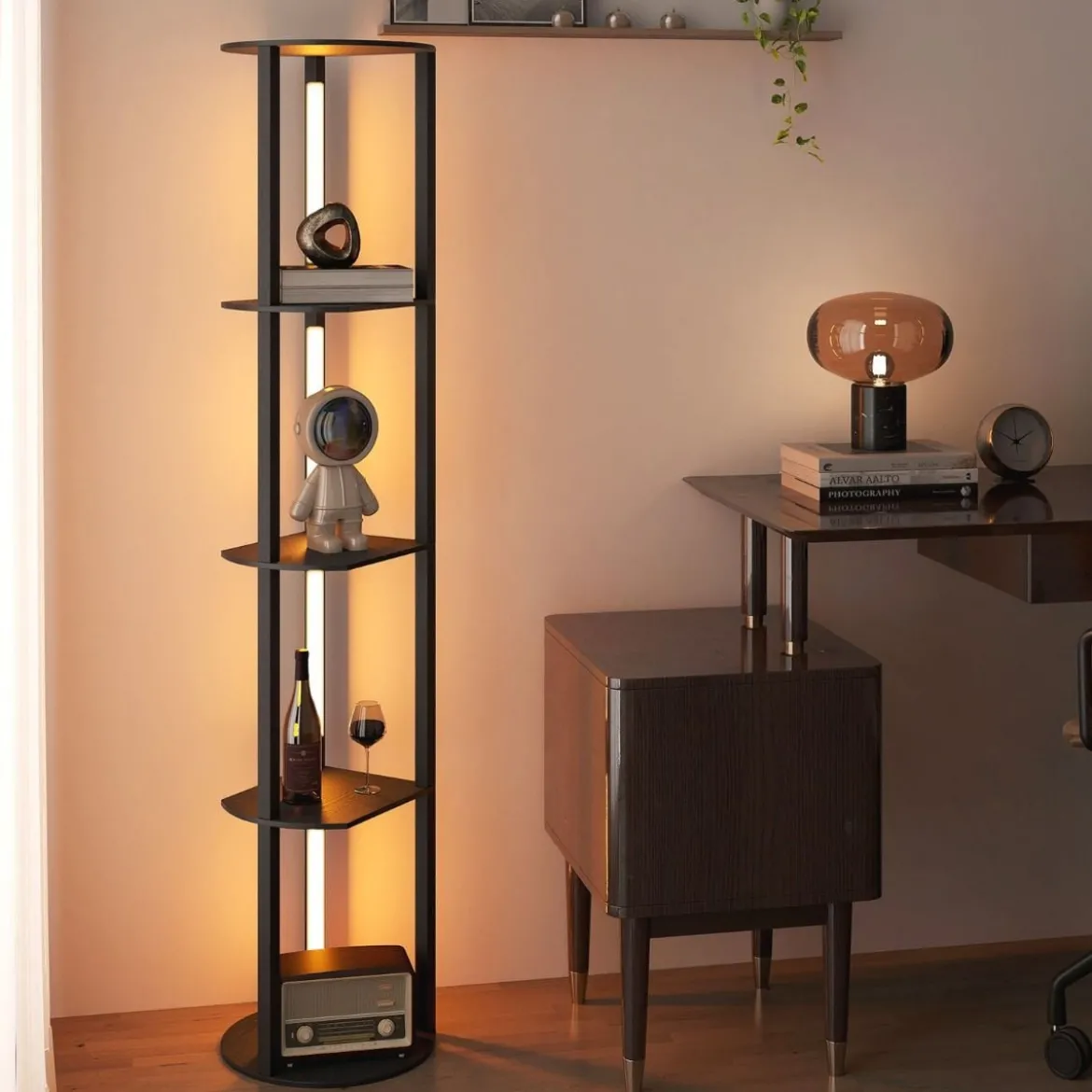 Stehlampe mit Regalen & 4 Drehbaren LED-Streifen & Fußschalter Stehleuchte Ablageregal