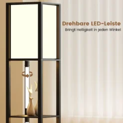 Stehlampe mit Regalen & Fußschalter & 3-stufig Einstellbaren LED-Streifen Holz Regallampe