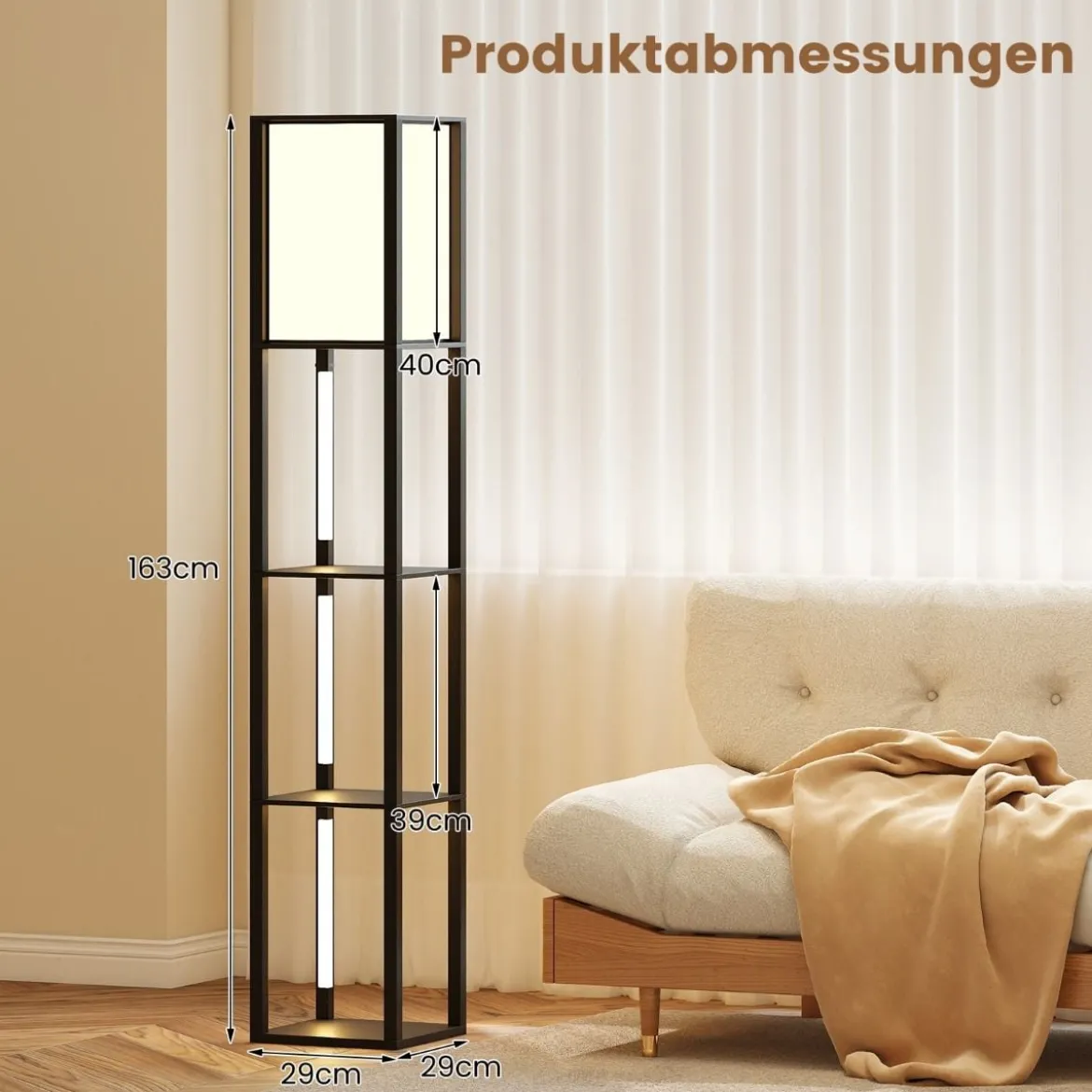 Stehlampe mit Regalen & Fußschalter & 3-stufig Einstellbaren LED-Streifen Holz Regallampe