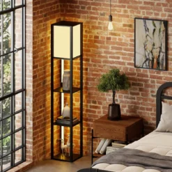 Stehlampe mit Regalen & Fußschalter & 3-stufig Einstellbaren LED-Streifen Holz Regallampe