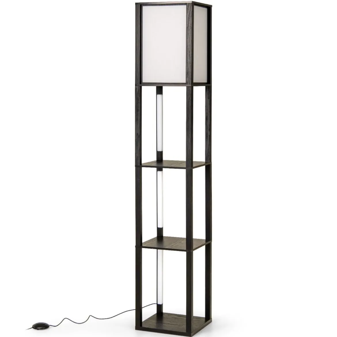 Stehlampe mit Regalen & Fußschalter & 3-stufig Einstellbaren LED-Streifen Holz Regallampe