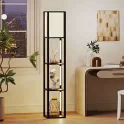 Stehlampe mit Regalen & Fußschalter & 3-stufig Einstellbaren LED-Streifen Holz Regallampe