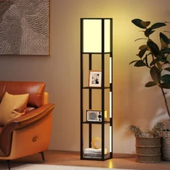 Stehlampe mit Regalen & Fußschalter & 3-stufig Einstellbaren LED-Streifen Holz Regallampe
