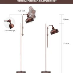 Stehlampe mit Verstellbarer Höhe & Lampenkopf & Metallrahmen Leselampe Standlampe